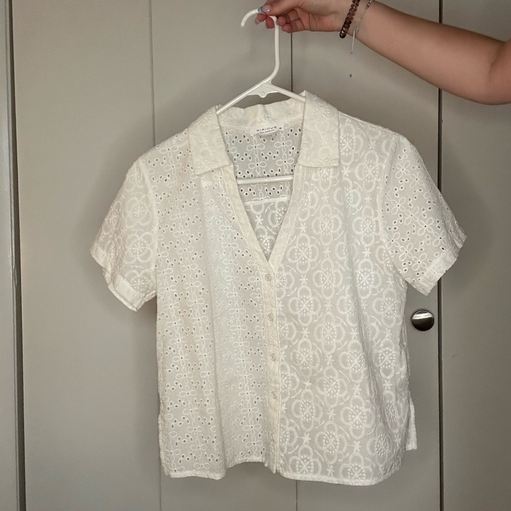 Cream Short Sleeve Boxy Blouse with Notched Collar